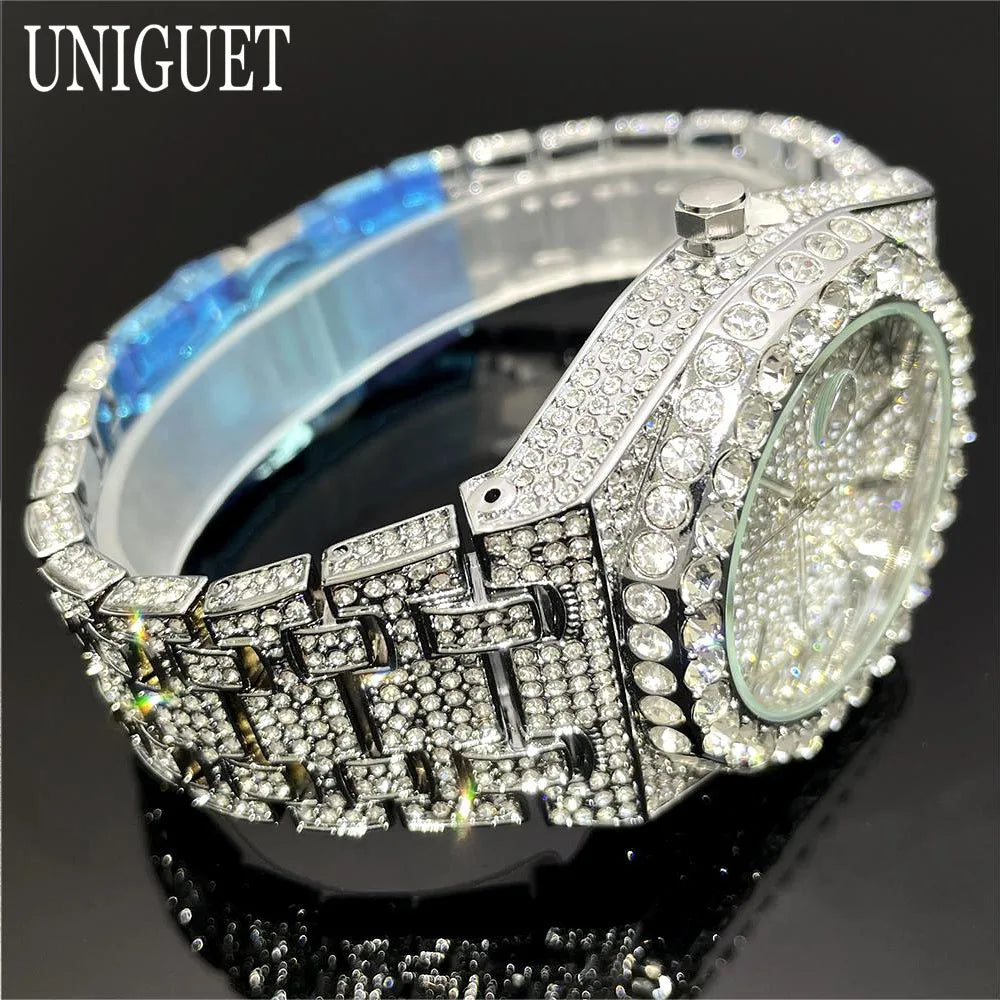 UNIGUET Fashion Iced Out Silver Mens Watch Luxury Calendar Waterproof Watch For Man Hip Hop High Quality Big Diamond Wristwatch
