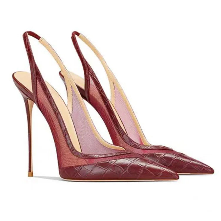 Patent Leather Stone Pattern Slingback Stiletto Heels — Brown | KIMLUD
