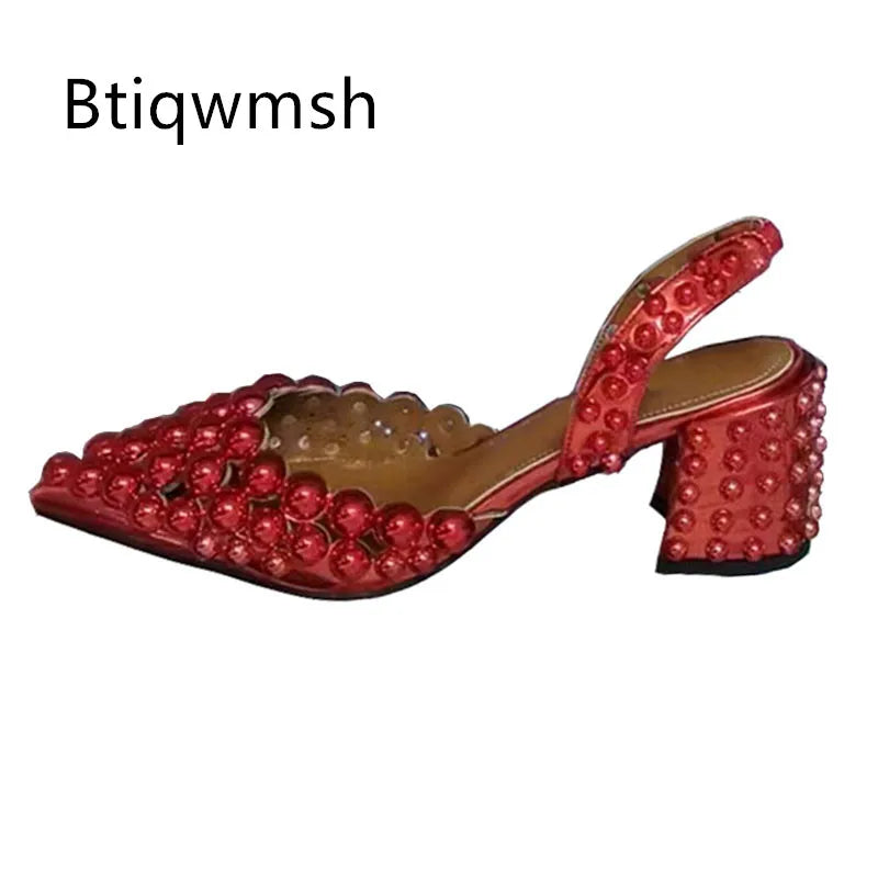 Rivet Studded Sandals With Crystal Bead — Red | KIMLUD