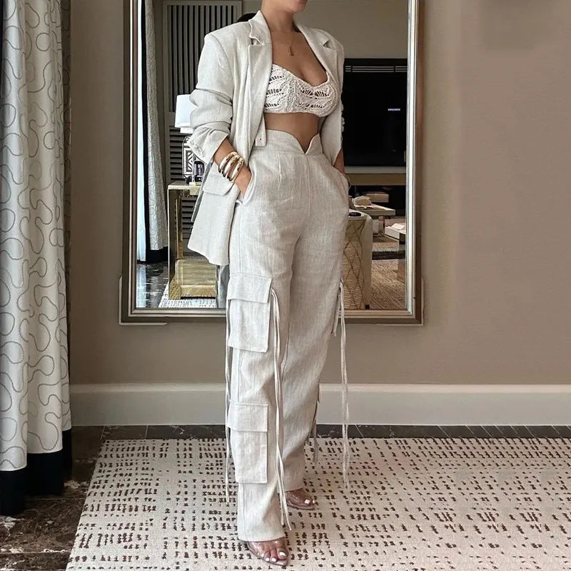Linen Blend Blazer Set With Cargo Pants — Ivory | KIMLUD