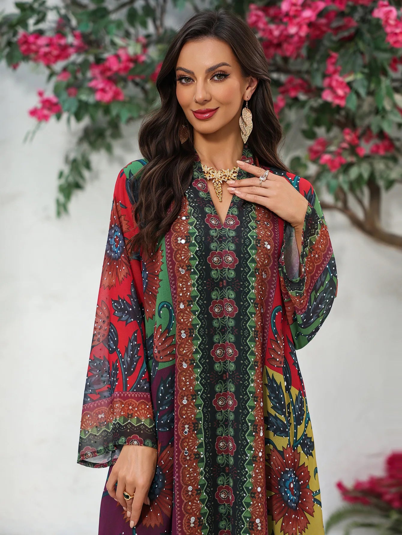 Polyester Abaya Dress Diamond Print — Multicolor | KIMLUD
