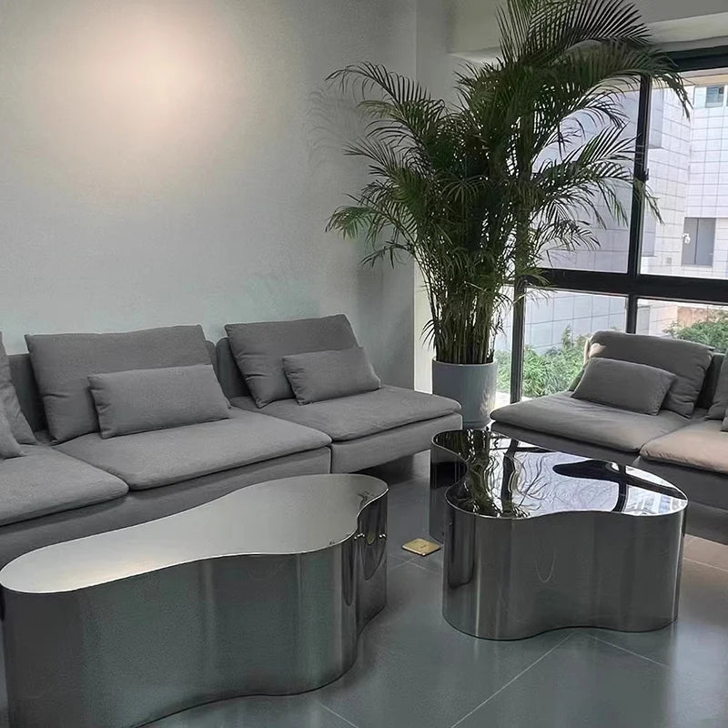 Industrial Metal Coffee Table Sculptural — Brushed Stainless Steel | KIMLUD