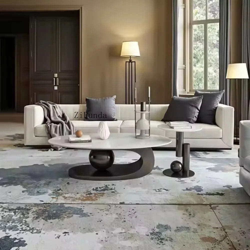 Gold Oval Coffee Table Sintered Stone Marble Top — Gold-Tone | KIMLUD