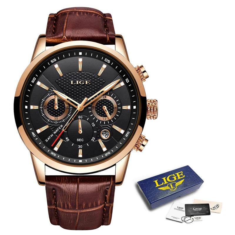2024 LIGE Top Luxury Mens Watch Casual Business Quartz Watches Men Fashion Leather Wristwatch Waterproof Male Clock Reloj Hombre