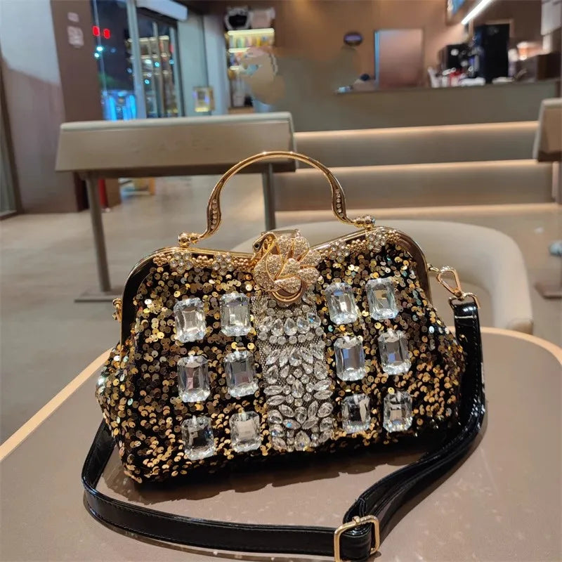 Leather Crystal Sequin Buckle Handbag — Black | KIMLUD