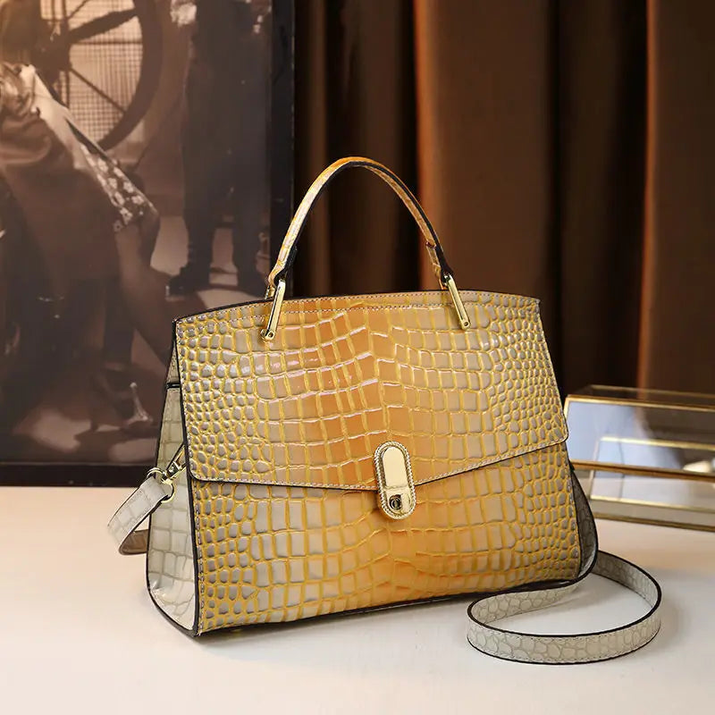 Genuine Leather Crocodile Print Handbag — Black | KIMLUD