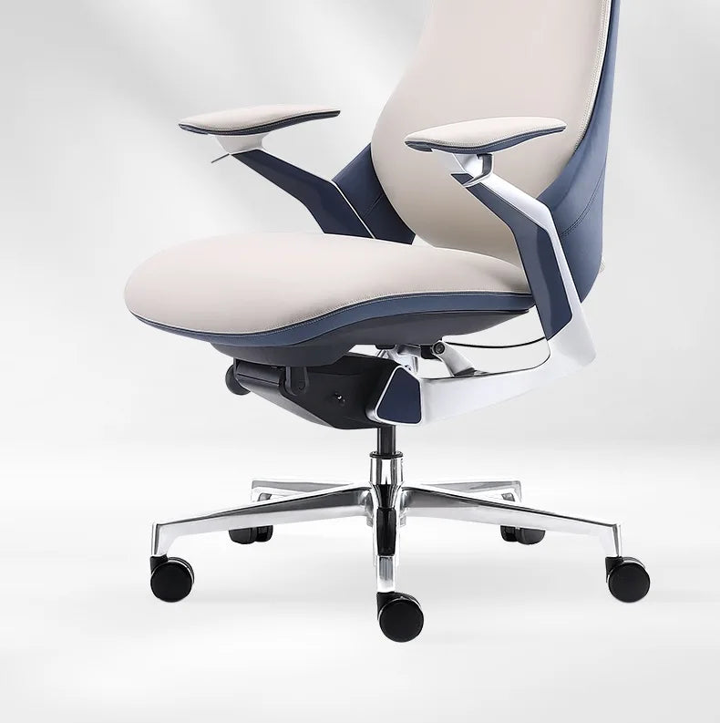 Close-up of a modern office chair showing the backrest, armrest, and seat in navy blue and light beige upholstery with a glossy silver metal frame.