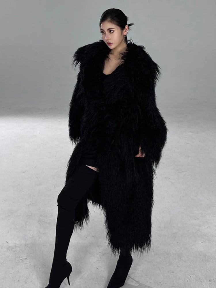 Lautaro Winter Long Black Hairy Shaggy Thick Warm Soft Fluffy Faux Fur Coat Women Sashes Luxury Designer Overcoat Runway Fashion