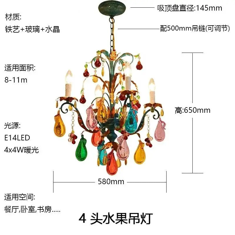 French Colorful Restaurant Chandelier Art Glass Lamp Romantic Bedroom Lamp Retro Colorful Candle Chandelier Crystal Lamp
