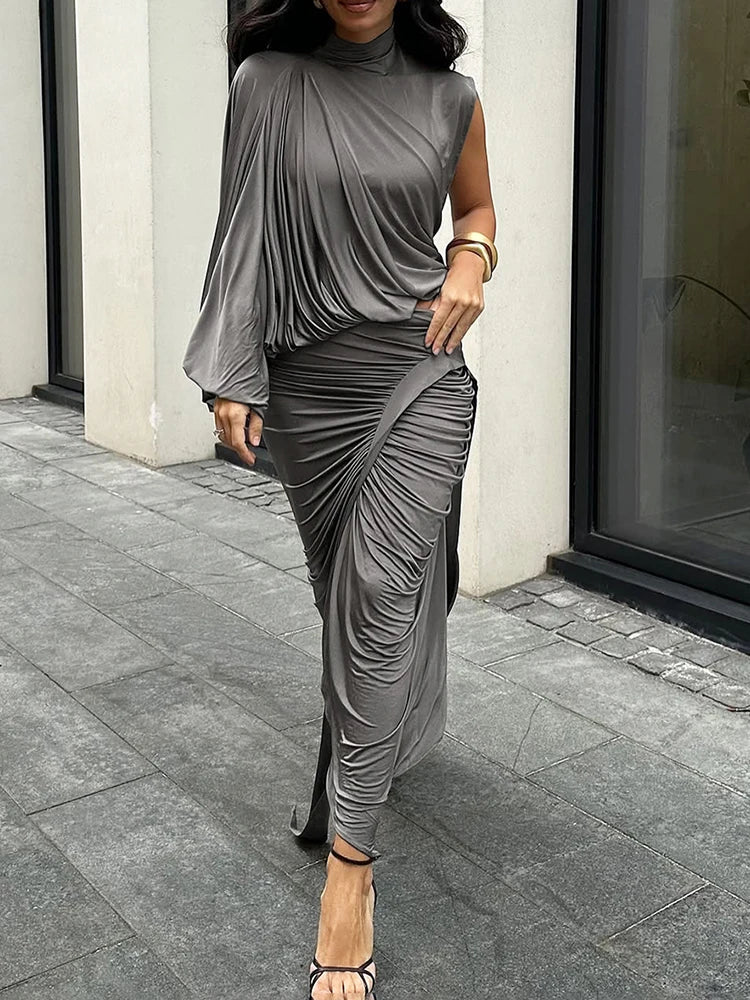 Luxe Turtleneck Y2K Solid TwoPiece Set — Ivory | KIMLUD