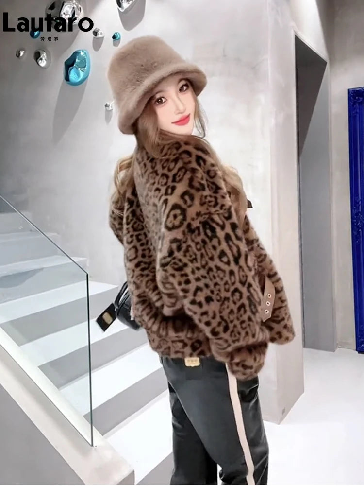 Lautaro Autumn Winter Short Luxury Soft Thick Warm Colorful Leopard Print Faux Fur Coat Women Loose Casual Fluffy Jacket 2024