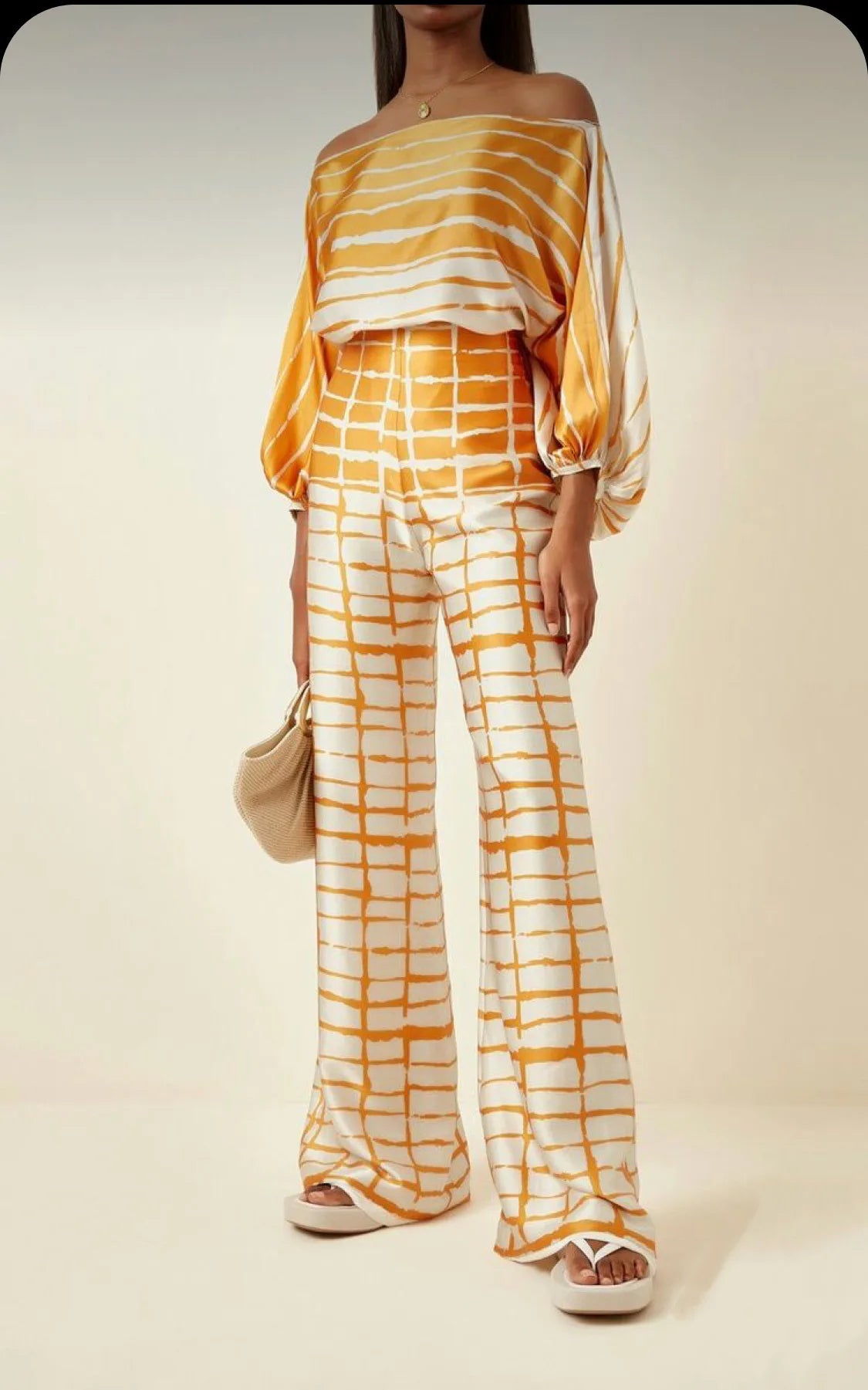 Satin Print Pajama Set Off-Shoulder Slash-Neck Top Long Pants — White | KIMLUD