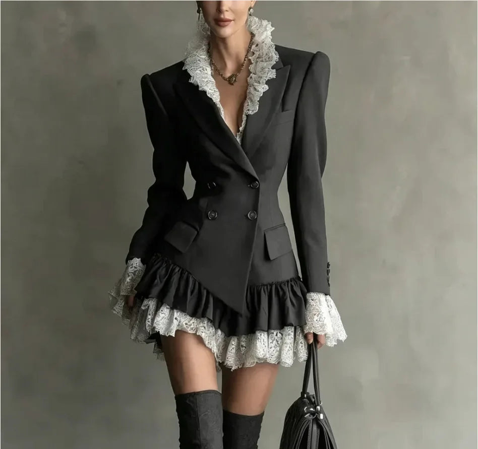 Mini Dress – Double Breasted Lapel – Lace Ruffle Silhouette – Polyester | KIMLUD