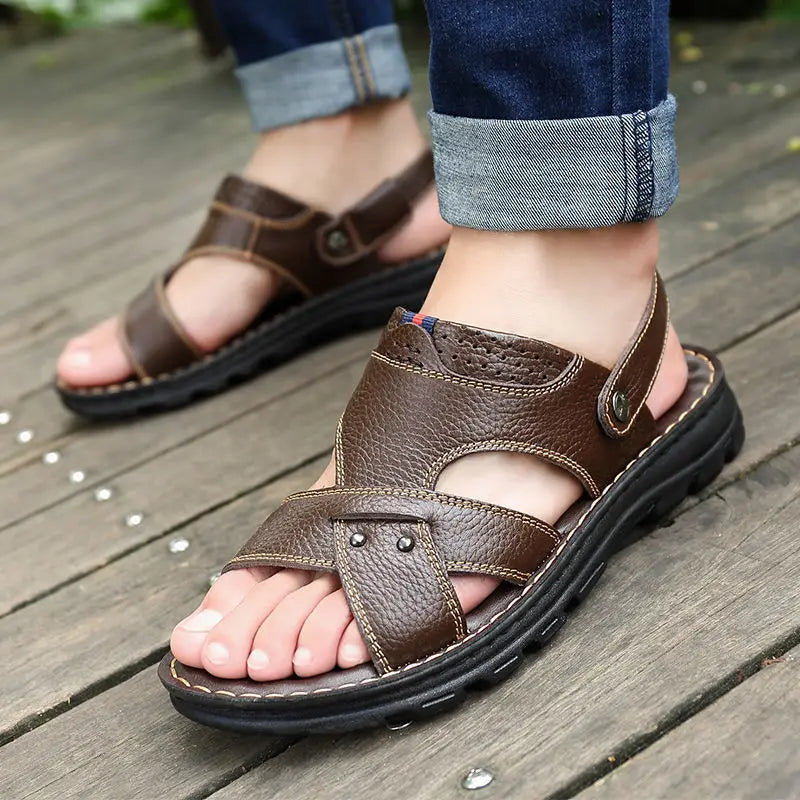 Genuine Leather Sandals Ankle-Wrap Thick-Sole Non-Slip — Cognac Brown | KIMLUD