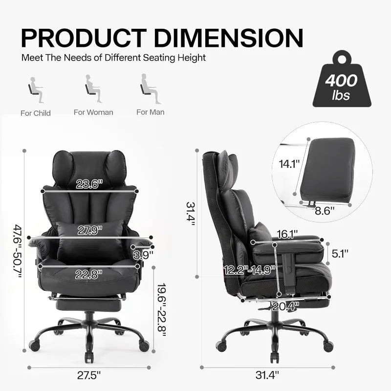 Big and Tall Office Chair 400lbs Wide Seat,High Back Gaming Chair with Foot Rest, Ergonomic Reclining Executive Office Chairs
