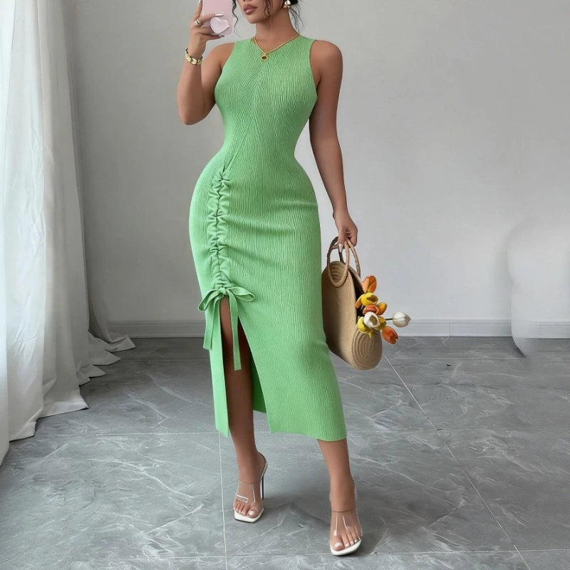 Ribbed Knit Ruched Bodycon Dresses — Blue | KIMLUD