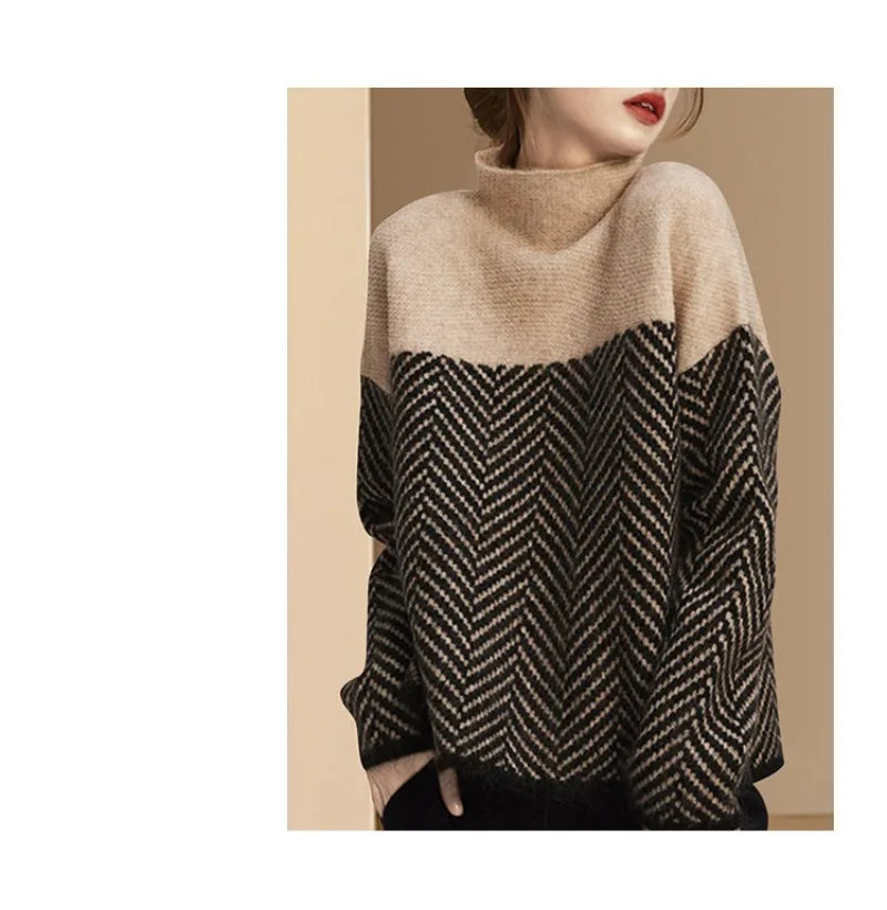 KIMLUD, Women's Sweater Autumn Vintage Colorblocking Half Turtleneck Knit Sweater Loose Lazy Style Inside Matching Pullover Sweater Tops, KIMLUD Women's Clothes