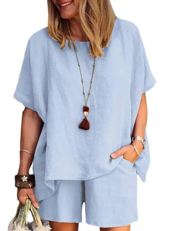 Cotton-Linen Two-Piece Set Plus Size Relaxed-Fit Short-Sleeve Top And Shorts — Steel-Blue | KIMLUD