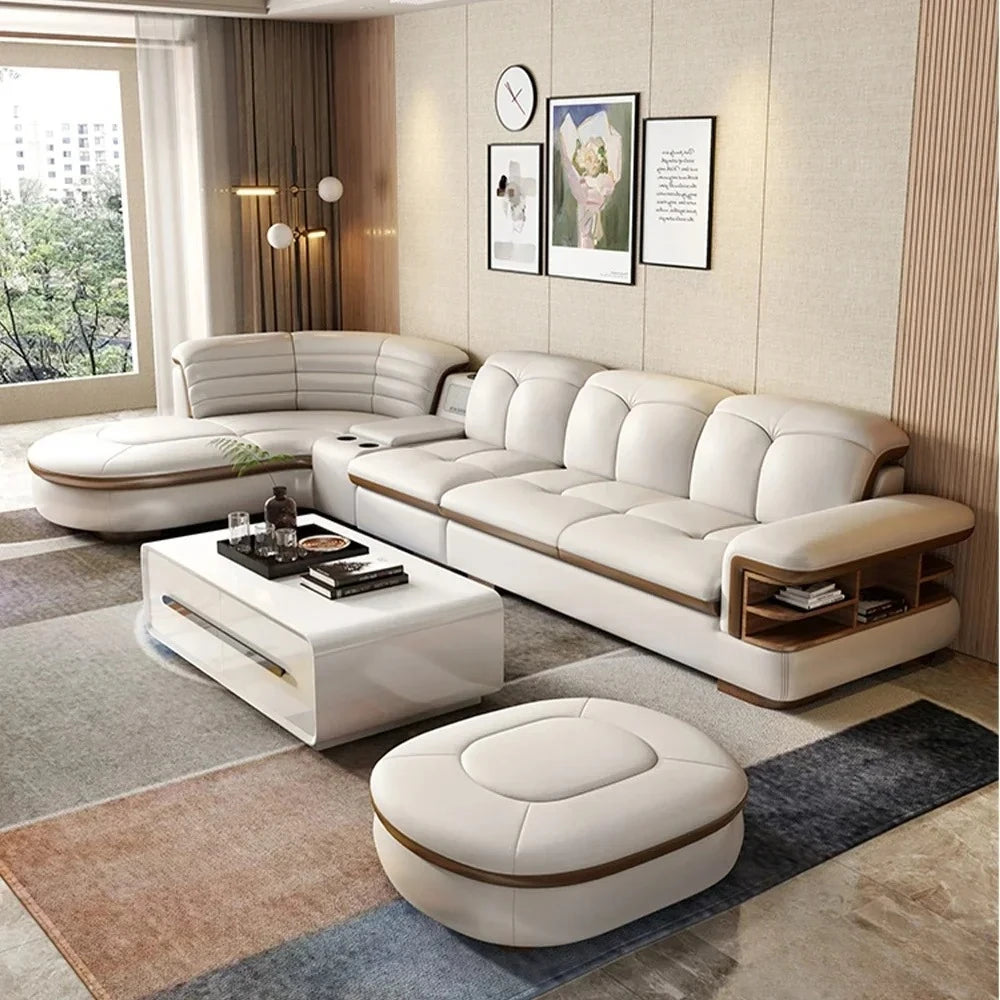 Genuine Leather Solid L-Shaped Sofa — Black | KIMLUD