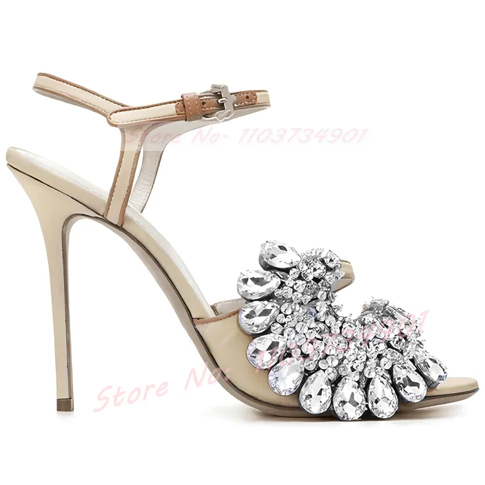 Crystal Flower Open Toe Ankle Strap High Heels — As Picture | KIMLUD