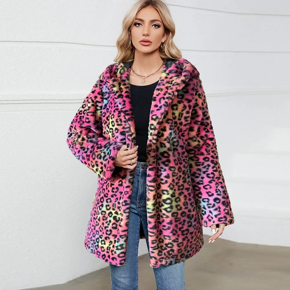 ZXRYXGS 2025 New Fashion Autumn Winter Coats Loose Medium Length Jackets Leopard Print Imitation Fur Coat Women's Clothing Tide