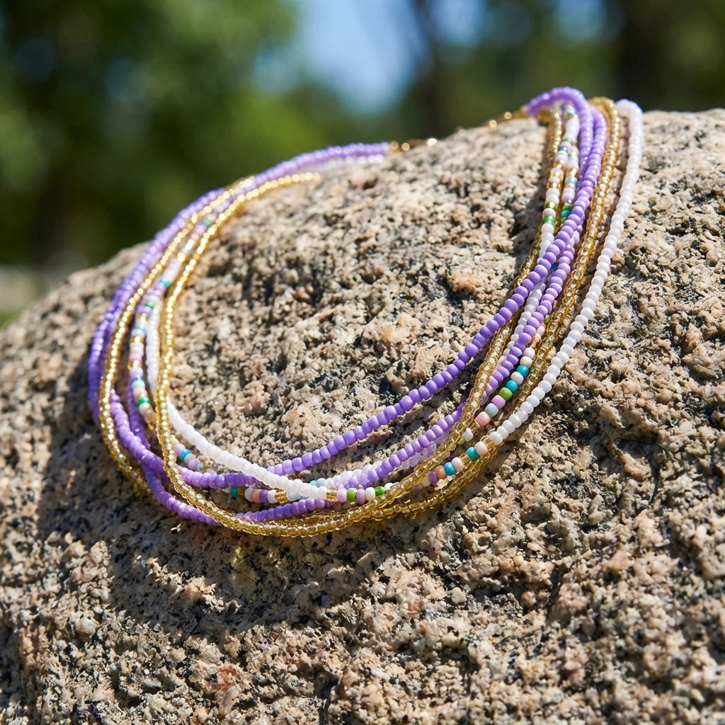 Resin Bohemian Waist Beads Belly Chain Set With Sun-Warmed Lilac Accents — Lilac Purple | KIMLUD
