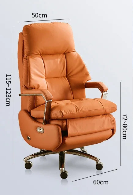 Orange office chair with features and specifications on a white background