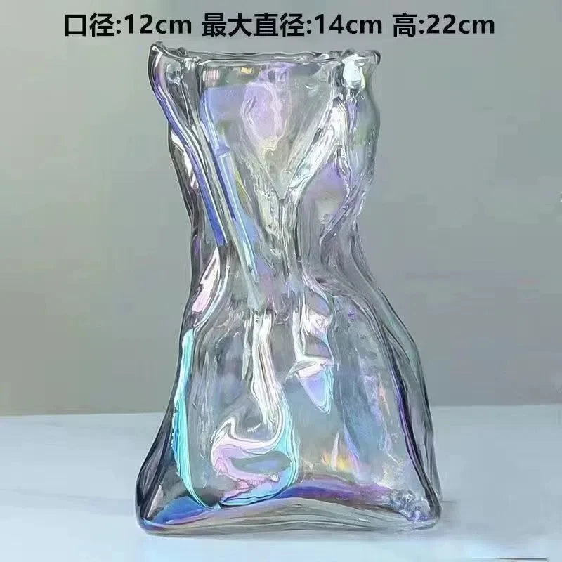 KIMLUD, Ins Creative Glass Vase Fold Paper-like Luxury Flower Vase Home Decoration Irregular Transparent Glass Vase Hydroponic Art, Multiple Colors M, KIMLUD Womens Clothes