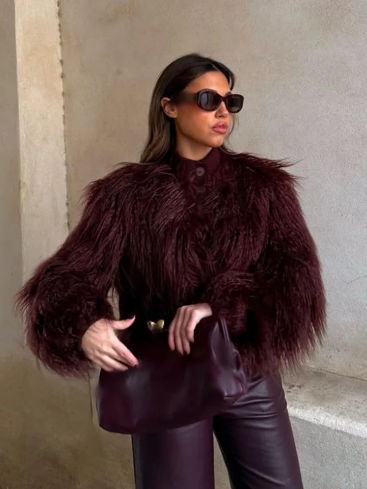 HH Women's New Faux Fur Effect Knitted Crew Neck Jacket Female Winter Elegant Temperament Single-Breasted Long Sleeve Coat