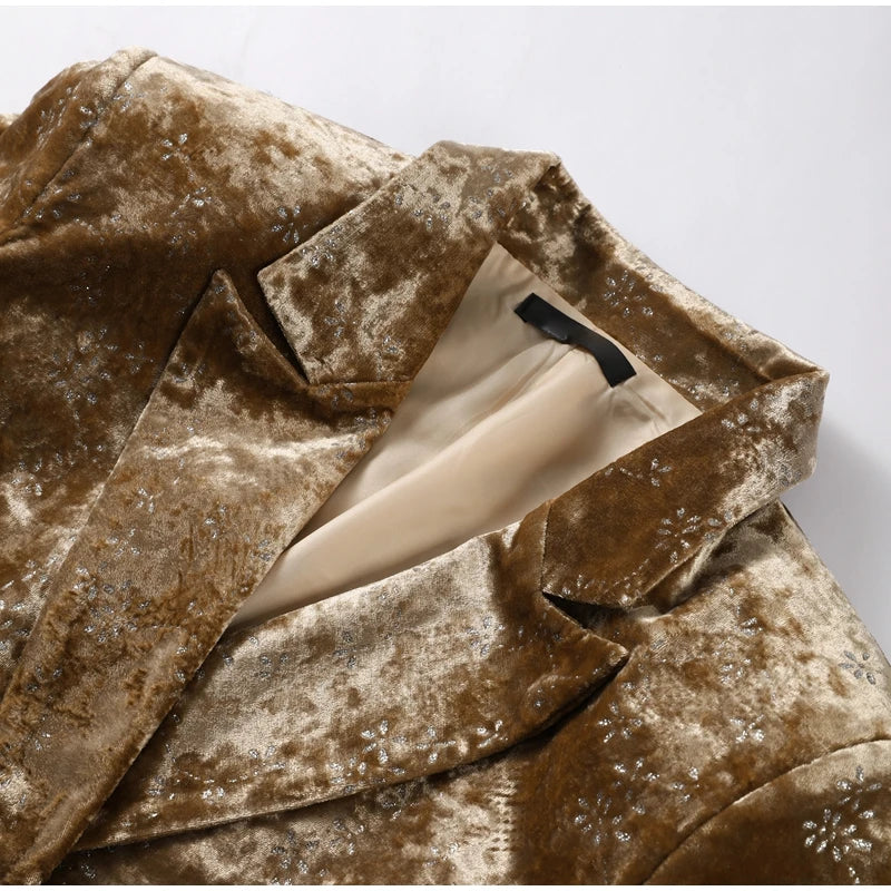 Fashion Velvet Print Lapel Belt Suit Pant Set Women Solid Lace Up Full Sleeve Blazer Wide Leg Cuffed Pants 2025 Autumn Lady Sets