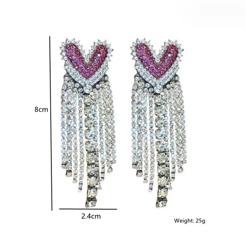 Fashion Long Tassel Rhinestone Drop Earrings for Women Pink  Heart Crystal Dangle Earrings Statement Jewelry