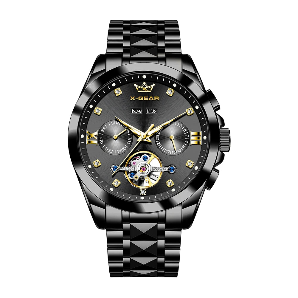 Men's Automatic Mechanical Watch with Tourbillon Waterproof Luminous Stainless Steel Strap Luxury Multi-Functional Timepiece