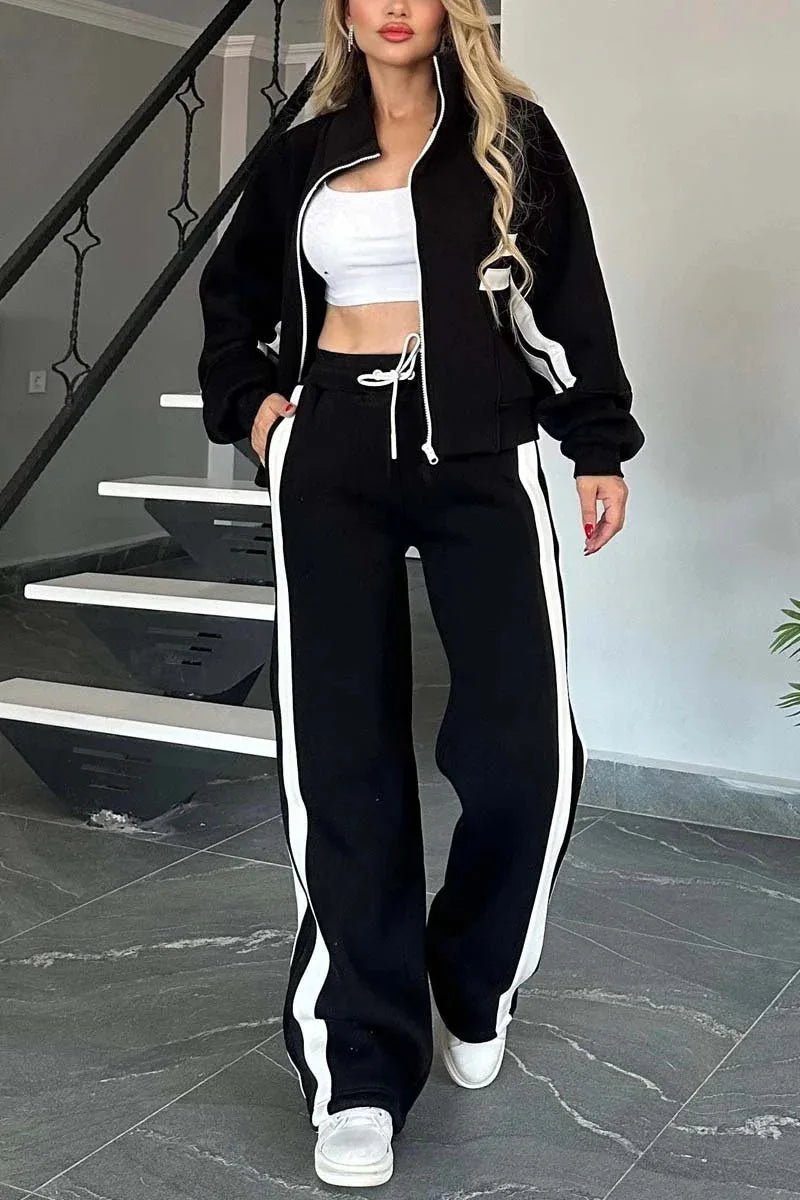Y2K Striped Hoodie Set Loose Fit Jacket — White With Red Stripes | KIMLUD