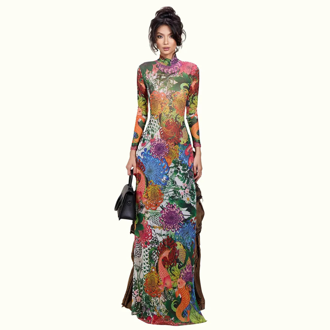 Mesh Maxi Top With High Collar Plant Print Open Split And Sheer Overlay — Black | KIMLUD