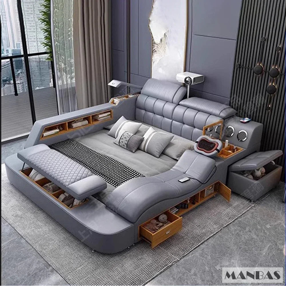 Genuine Leather King-Size Bed With USB Massage — Graphite Gray | KIMLUD