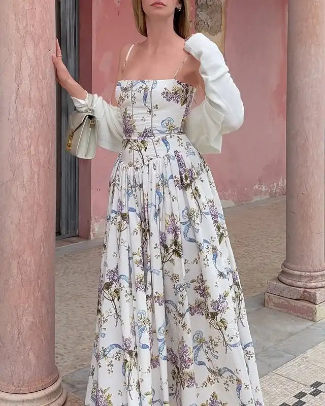 Mingimingxi Summer Elegant Party Dresses 2024 Floral Print One-piece Graduation Dress Strap Midi Long Dresses Women's Clothing