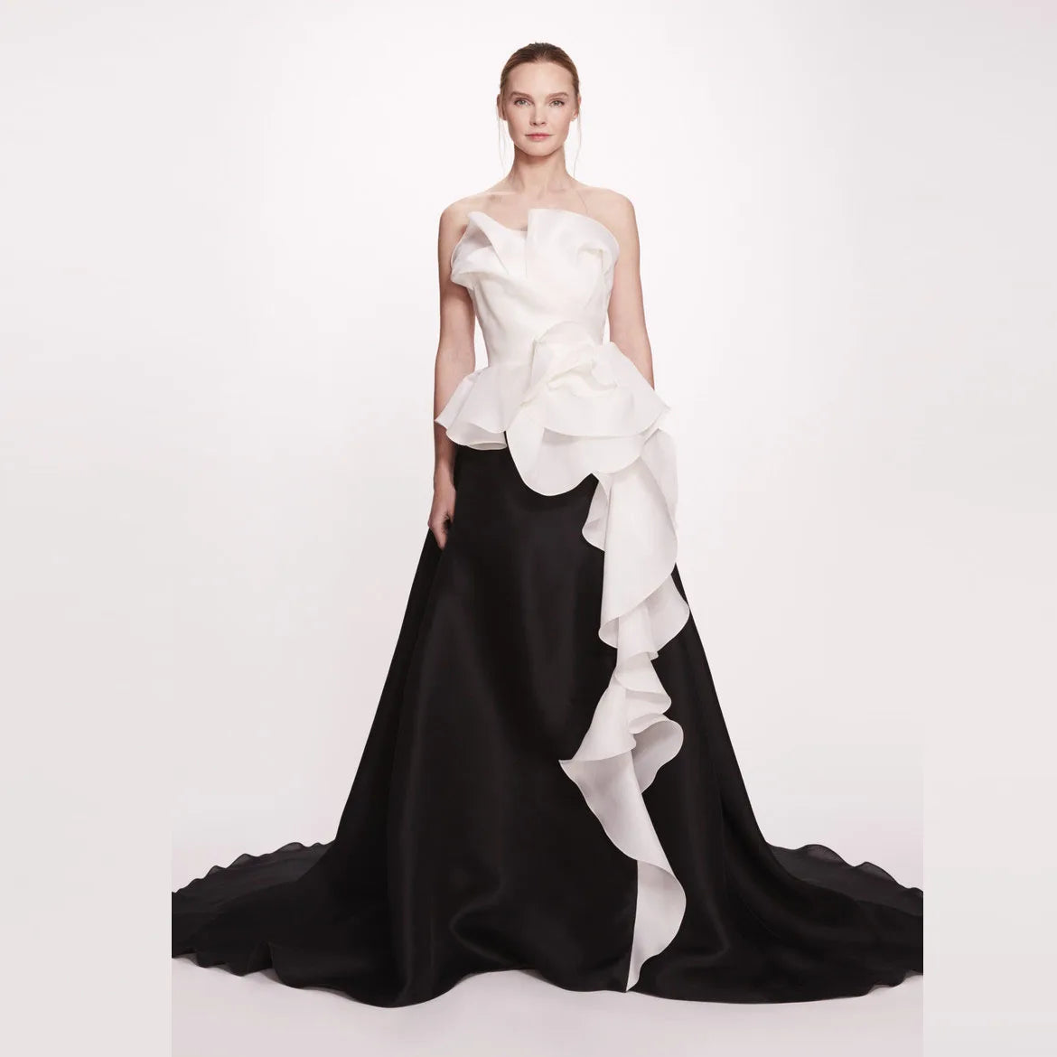 KIMLUD, Elegant White&Black Mix Color A-line Formal Event Party Dresses Ruched 3 Flower Strapless Long Prom Gowns, KIMLUD Womens Clothes