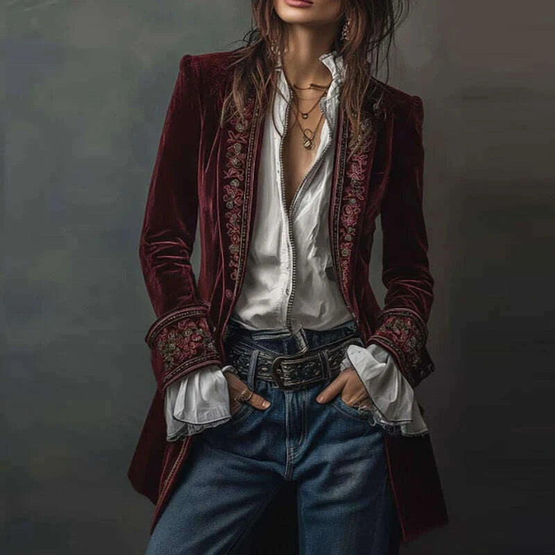 KIMLUD, Ethnic Retro Floral Print Velvet Woman Blazer Jacket Sexy Notched Collar Slim Autumn Outerwear Long Sleeve Winter Cardigans Coat, KIMLUD Womens Clothes