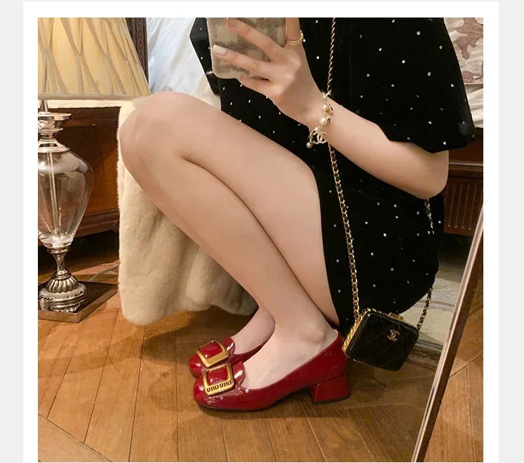 PU High Heels Round Toe Metal Buckle — Black | KIMLUD