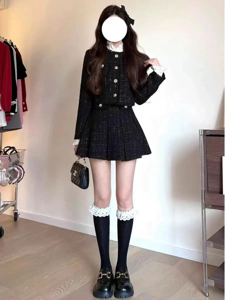 KIMLUD, Spring and Autumn High end Slim Fit Short Tweed Coat High Wasit A-line Mini Skirts Set Sweet Black Two Piece Sets Women Outfits, KIMLUD Womens Clothes