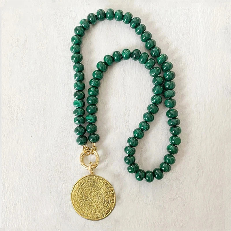 Malachite Coin Pendant Necklace Rope Knot — Green | KIMLUD