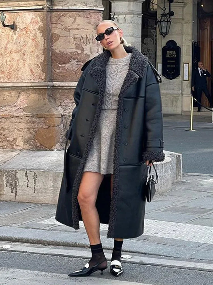 Vintage Patchwork Fur Leather Coats Women Lapel Lace Up Long Sleeve Thicken Warm Jacket 2025 Winter Lady New Streetwear Overcoat