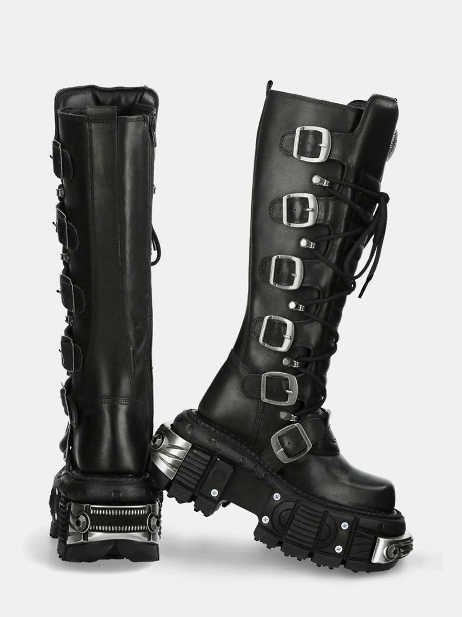 Metal Buckle Square Toe Knee High Boots Women Black PU Leather Punk Long Boots Woman Autumn 2024 Chunky Heels Motorcycle Booties