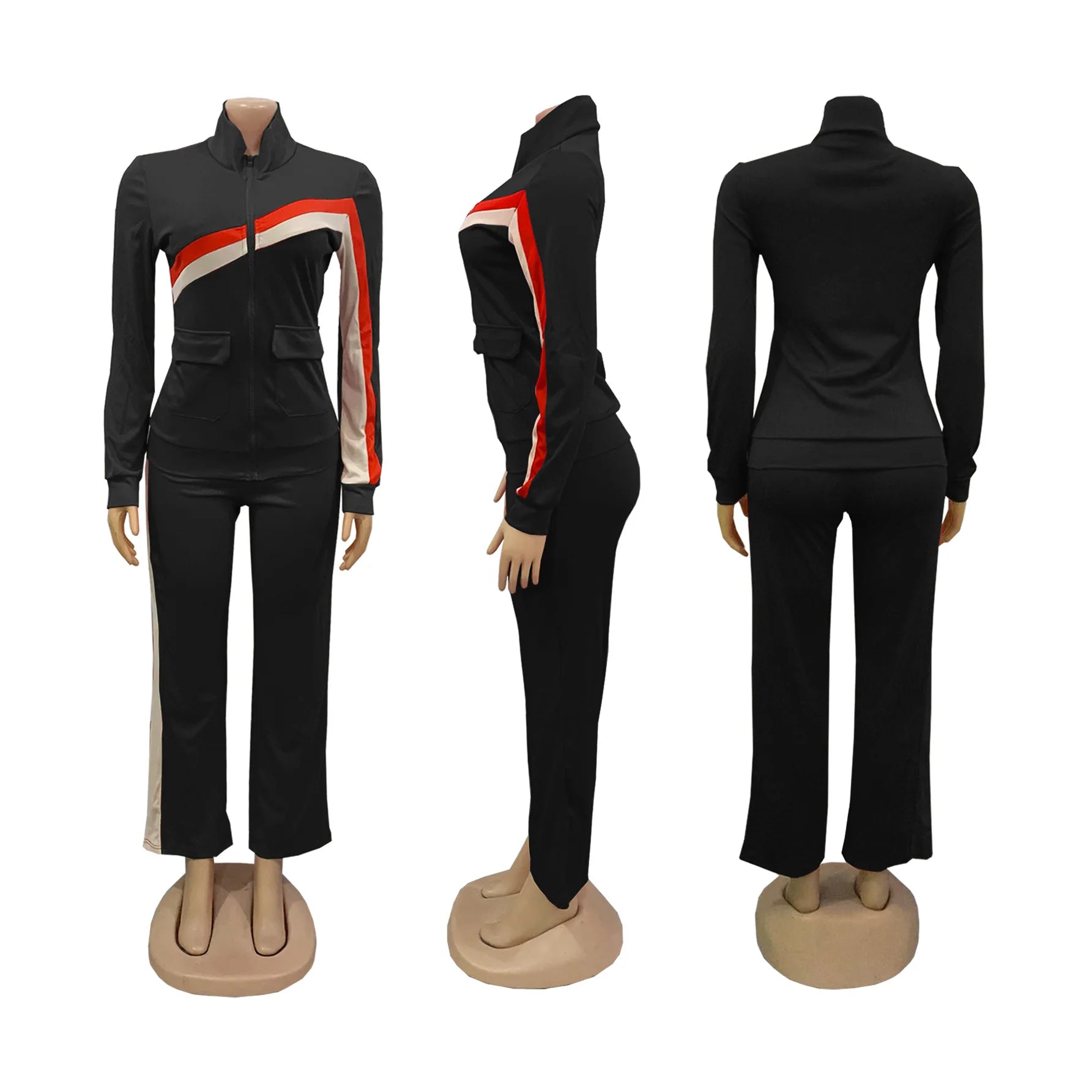 Knit Striped Splicing Two-Piece Sports Set Cream And Burnt-Orange Stripe Panels — Black | KIMLUD