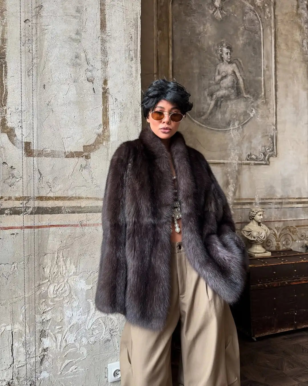 Brown Medium-length Fur Coat Women Lapel Hidden Button Loose  Elegant Outerwear 2025 Fashion Office lady commute Overcoat New