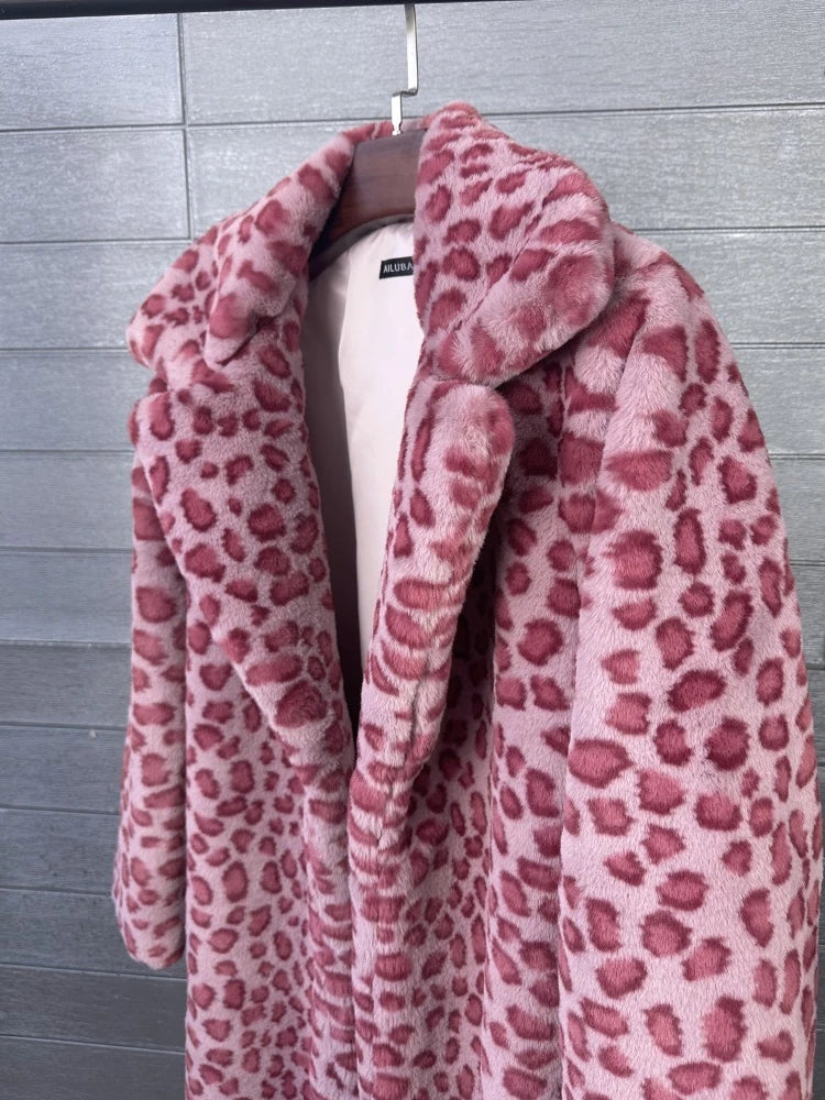 Fur Coat – Faux Rabbit Hair – Leopard Print Overcoat X-Long | KIMLUD