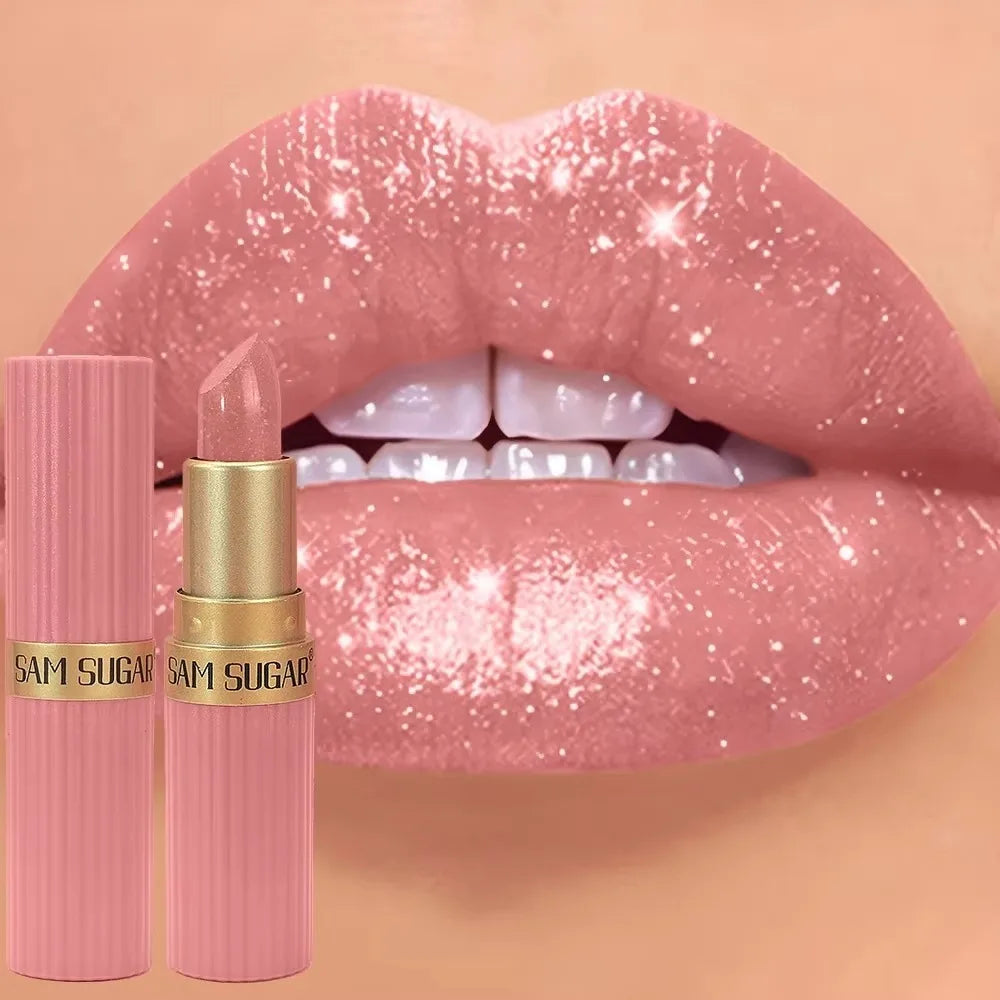 6 Colors Gold Bar Tube Lipstick Diamond Pearlescent Glitter Gold Pink Lips Stick Long-Lasting Non-Sticky High-Shine Makeup