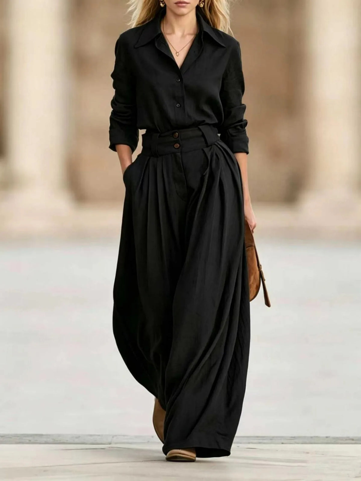 Two Piece Set – Lapel Shirt and Pleated Wide Leg Pants – Loose | KIMLUD