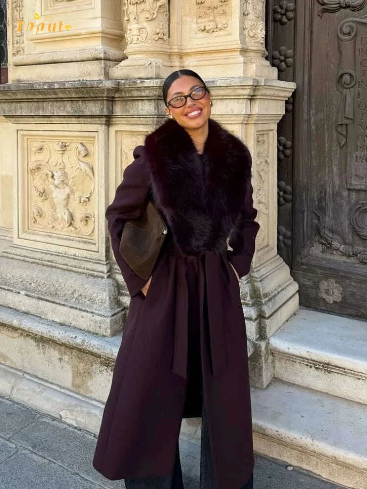 Elegant Fur Collar Woolen Blend Overcoat Women V-neck Full Sleeve Lace Up Loose Long Coat Lady Daily Commute Street Outerwear