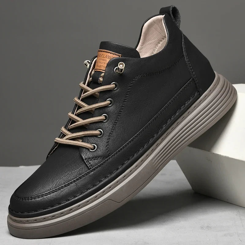 High Top Hiking Shoes – Height Increasing – Leather – Beige | KIMLUD